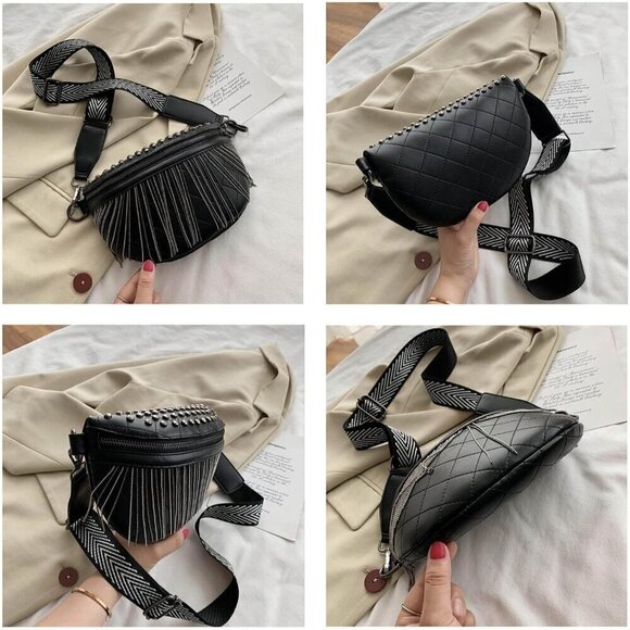 ? Glt.etl Faux leather Fringe Women Black Chest Quilted Rivet Tassel Waist Bag main image 6
